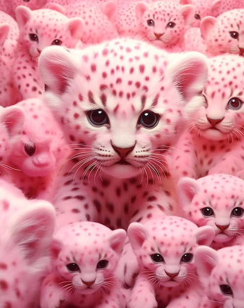 A group of pink and white leopards with pink spots.