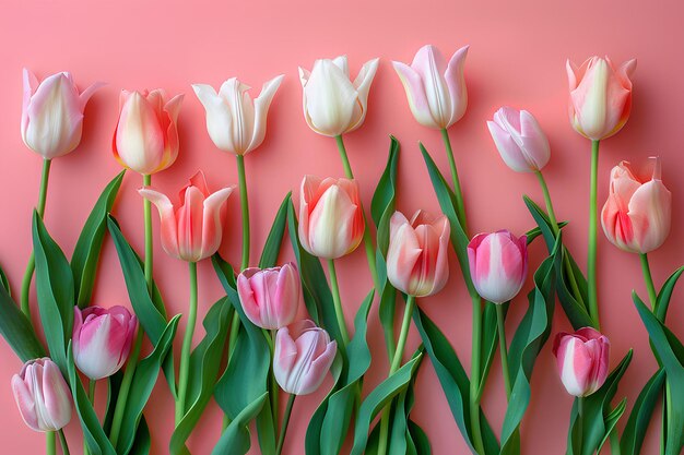 A group of pink and white tulips against a pink background