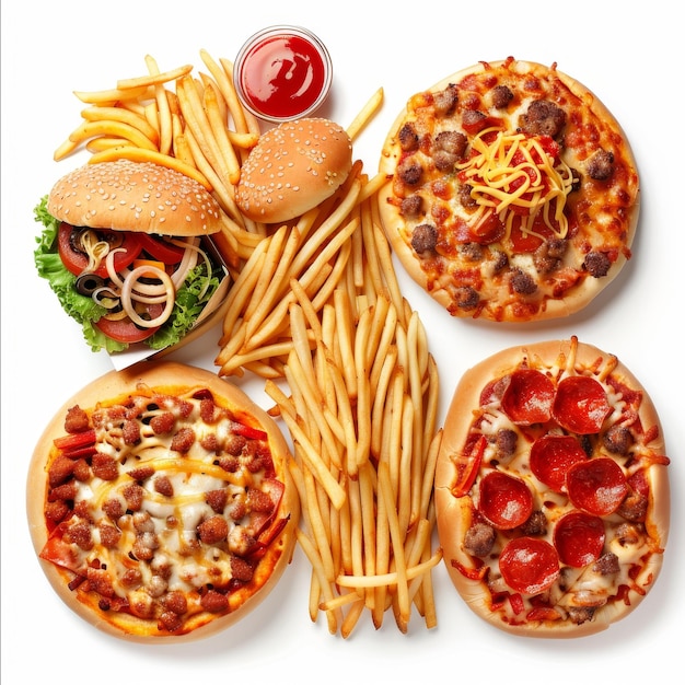 a group of pizzas and french fries