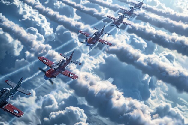 Photo a group of planes are flying in the sky with clouds in the background