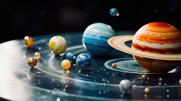 Foto un gruppo di pianeti sono disposti su un tavolo con alcuni nell'aria ai