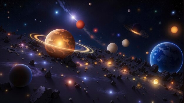 a group of planets in a space with a star in the background