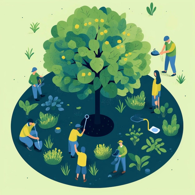 A group planting a tree in the style of reductionist form navy and green clean core