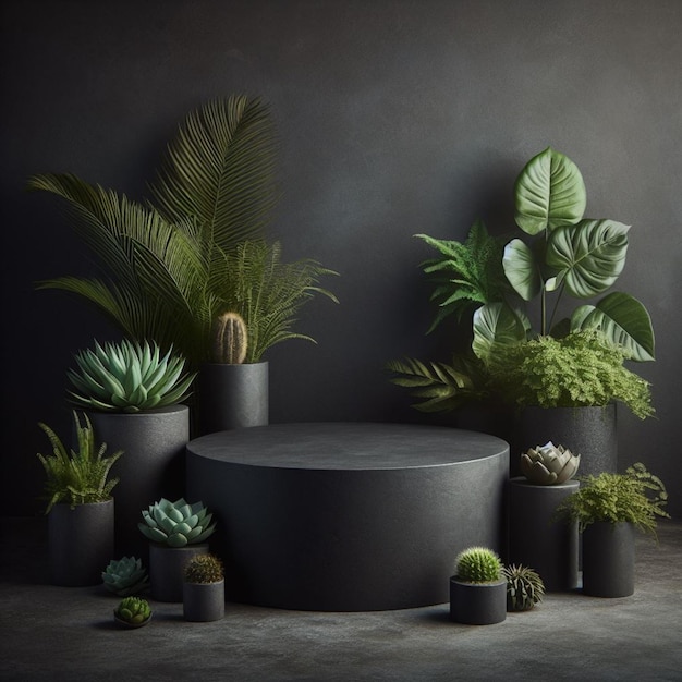a group of plants and a round table with a potted plant in the middle