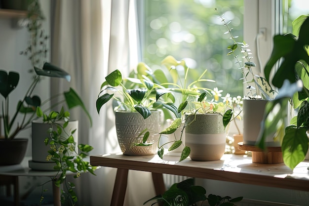 A group of plants sitting on top of a wooden table