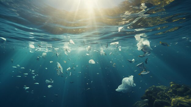 A group of plastic bags floating in the ocean