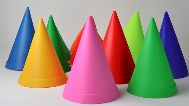 A group of plastic cones with different colors are lined up on a table.