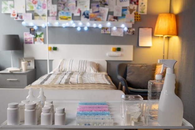 Group of plastic containers and bottles with medicaments