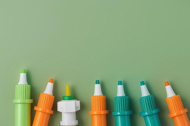 Photo a group of plastic crayons are lined up against a green background