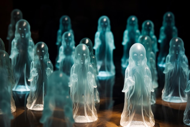 Foto gruppo di statuette di fantasma in plastica sedute su un tavolo ai generativa