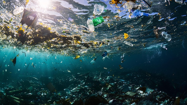 a group of plastic trash floating in the water