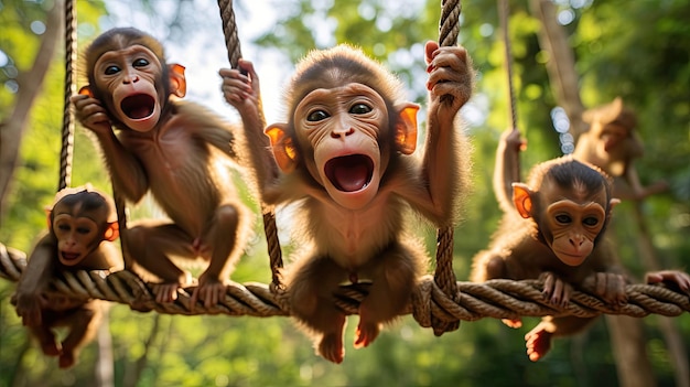 Foto un gruppo di scimmie giocose su una corda