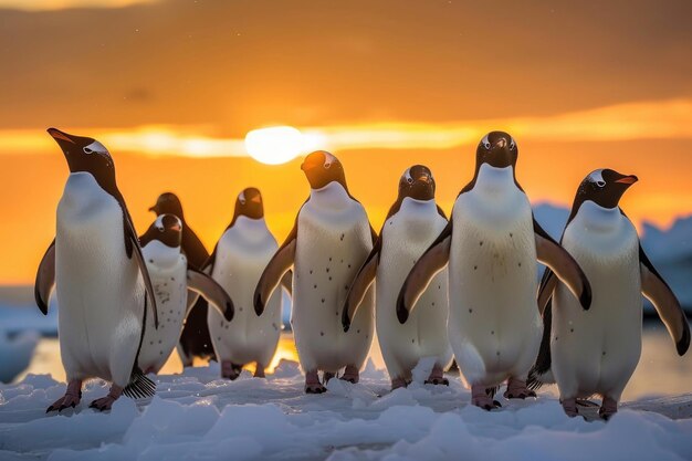 遊び心のあるペンギンの群れが 輝く南極の太陽の下で 氷の海岸で歩き回っています