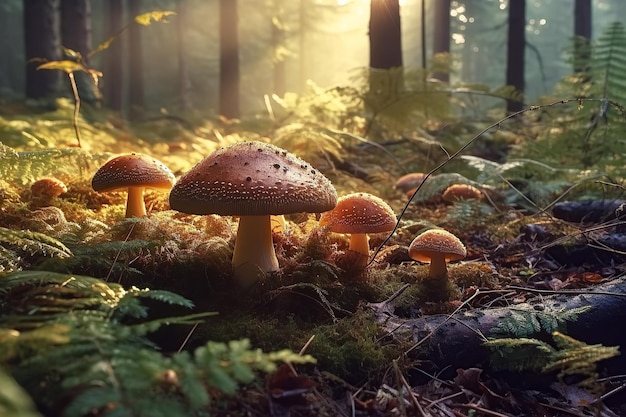 Group of poisonous inedible mushroom fly agaric in forest on sunny summer day Generative AI illustration