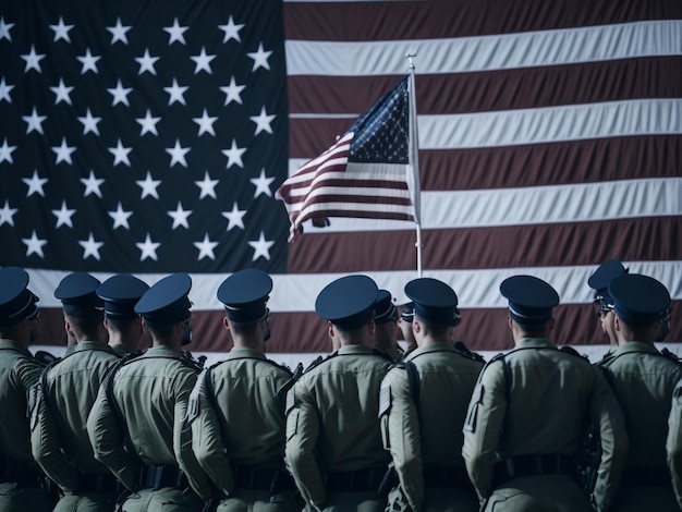 Группа полицейских стоит перед флагом с надписью «американский флаг».