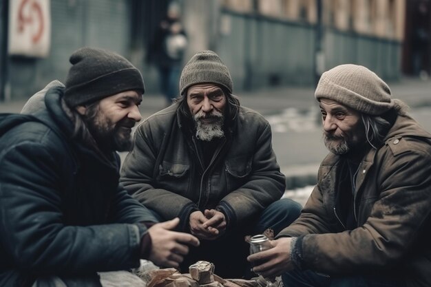 Foto gruppo di poveri mendicanti senzatetto in una strada della città il problema sociale della fame e della disoccupazione ai