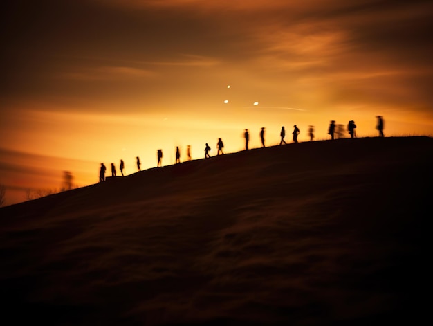 Group of poor refugees in a sunset light people walking from war or powerty