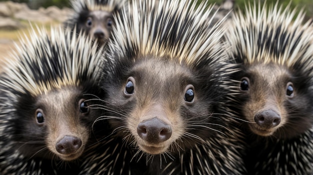 Group of porcupines closeup