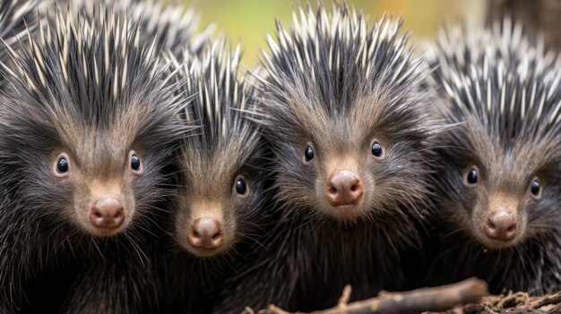 Group of porcupines closeup