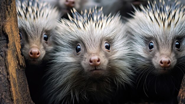 Group of porcupines closeup