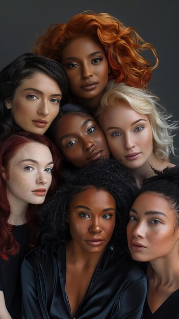 Group portrait of diverse women with different skin tones Studio photography with dark background