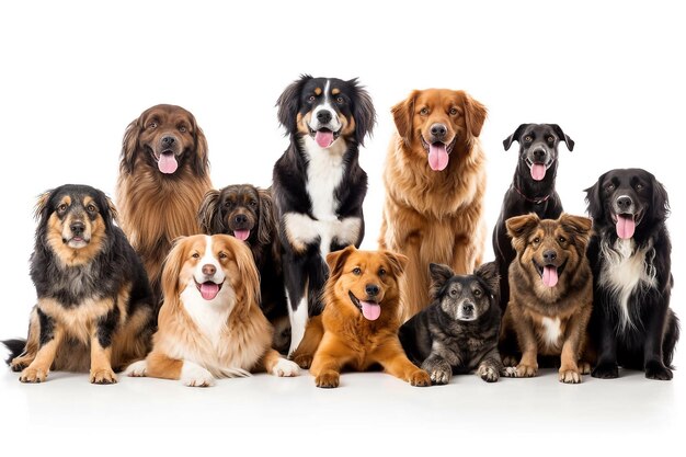 Foto gruppo di ritratti di cani su sfondo biancogenerative ai