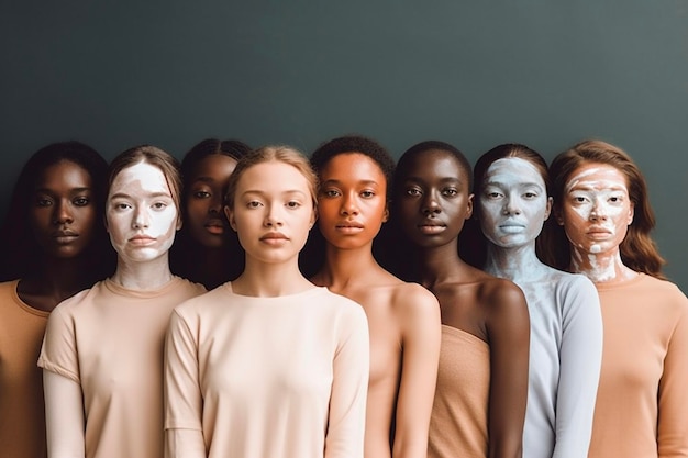 Group portrait of eight beautiful ladies with different skin and hair colour standing together