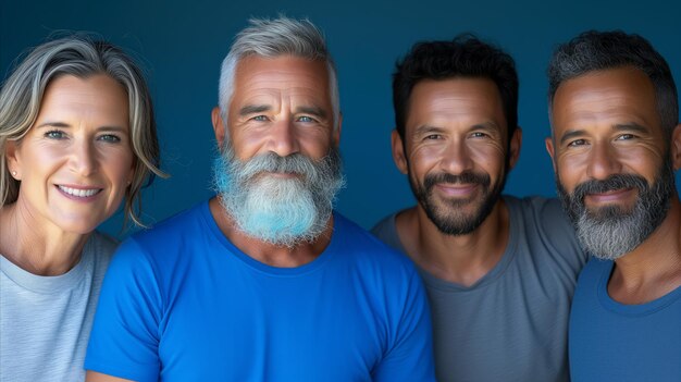 Photo group portrait of four smiling adults against a blue background