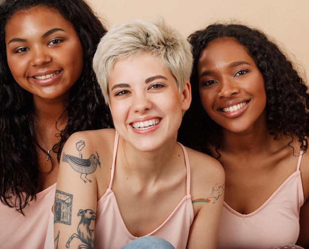 Group portrait of three diverse women in the studio