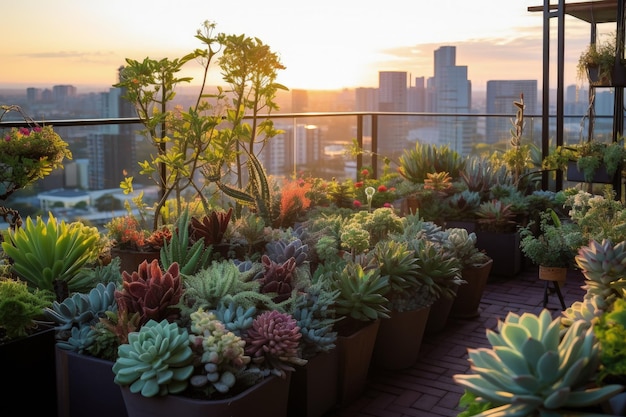 Группа горшечных растений, сидящих на крыше