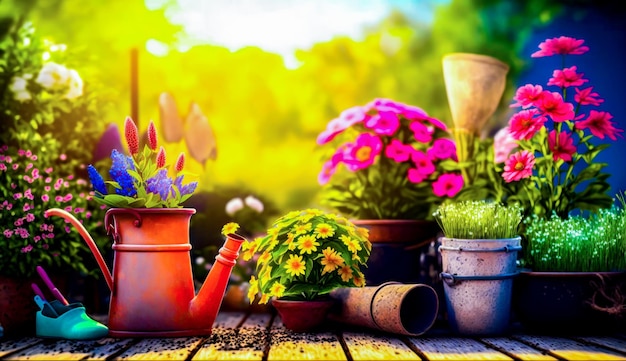 Group of potted plants sitting on top of wooden table next to watering can Generative AI