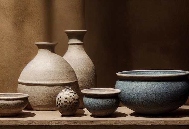 A group of pottery are on a table one of which is blue