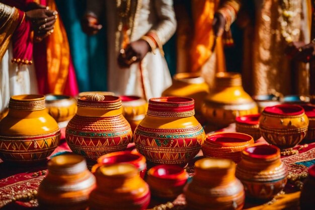 Photo a group of pottery with a red and yellow design on the front