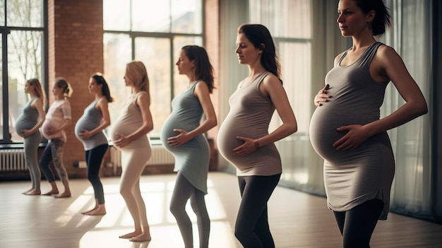 A group of pregnant women in sportswear doing yoga in the gym