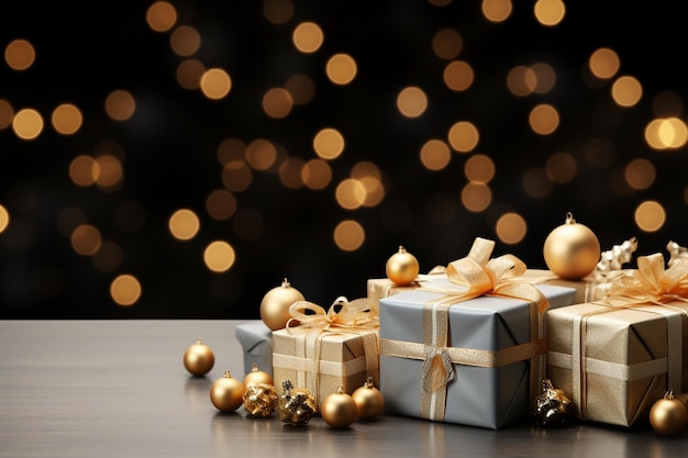 A group of presents with gold balls on a table.