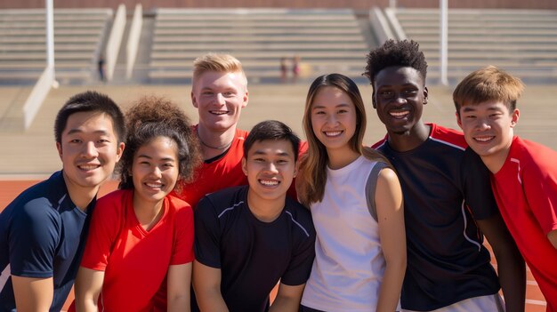 Photo a group of preteens in matching sportswear on the school football field exemplifying joy