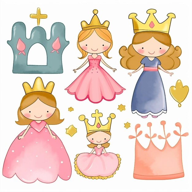 Photo a group of princesses with crowns and tiables generative ai