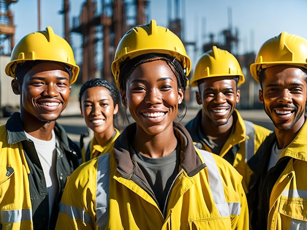 Group of Professional African American Heavy Industry Engineer Workers Wearing Uniform and Hard Hat in Factory Generative Ai