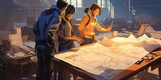 a group of professional architects working on blueprints in the style of dark yellow and light indig