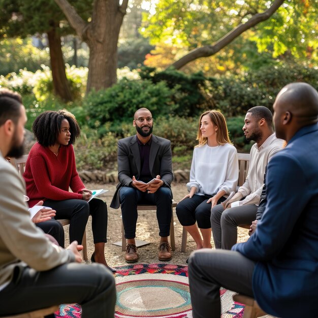 A group of professional people of different races sitting in a circle in a beautiful settingar 916 style raw v 6 Job ID 8ff51860493f4743ace64e9381765f8f