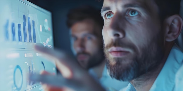 컴퓨터 화면에서 데이터를 분석하는 전문가 그룹, 그래프를 가리키는 사람, 개념 데이터 분석, 전문 팀, 컴퓨터 화면 그래프 분석, 포인팅 제스처