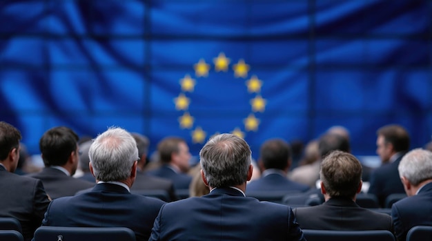 group of professionals at a conference with european union flag in background