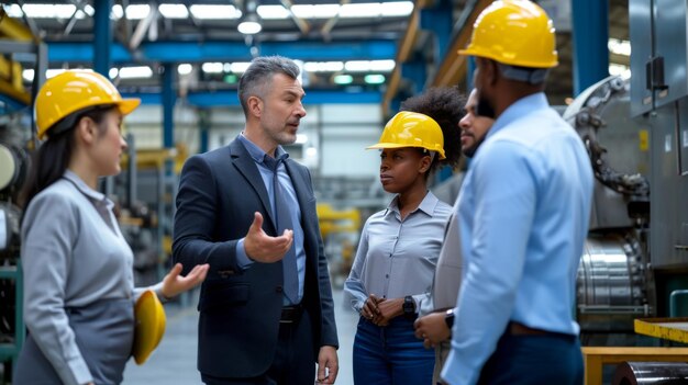 group of professionals in a discussion at an industrial facility