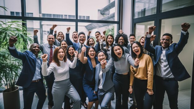 A group of professionals joyfully celebrating in a vibrant office environment