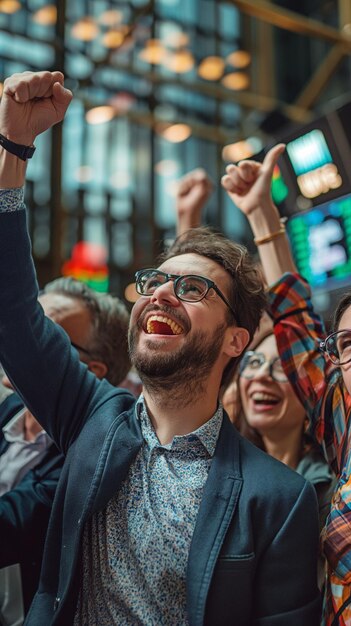 Foto un gruppo di ricchi broker di borsa sta festeggiando il successo della loro offerta di investimento sul mercato dei titoli.