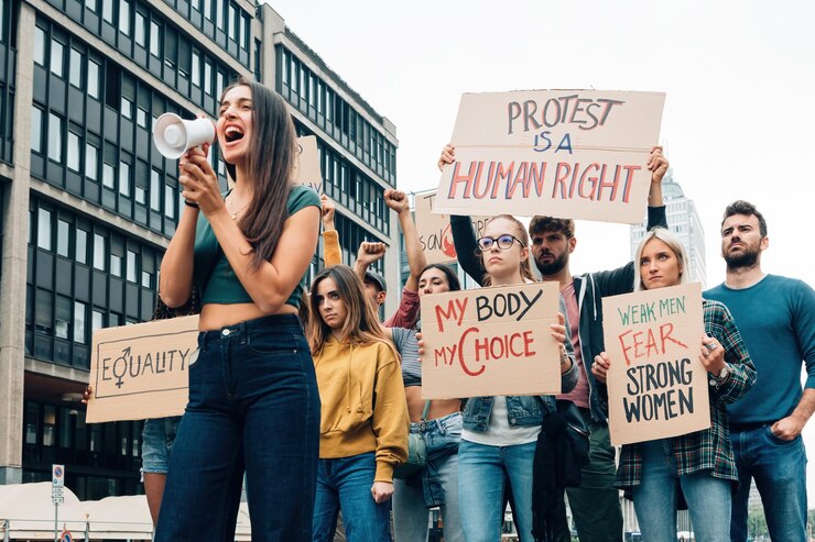 Group of protesters for human rights - students strike for gender equality