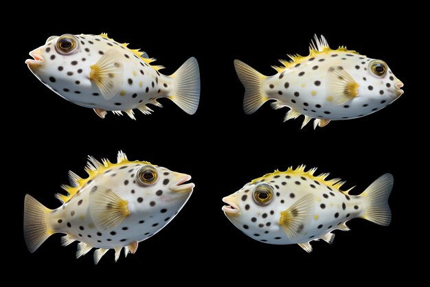 Photo group of puffers on black background fishs underwater animals