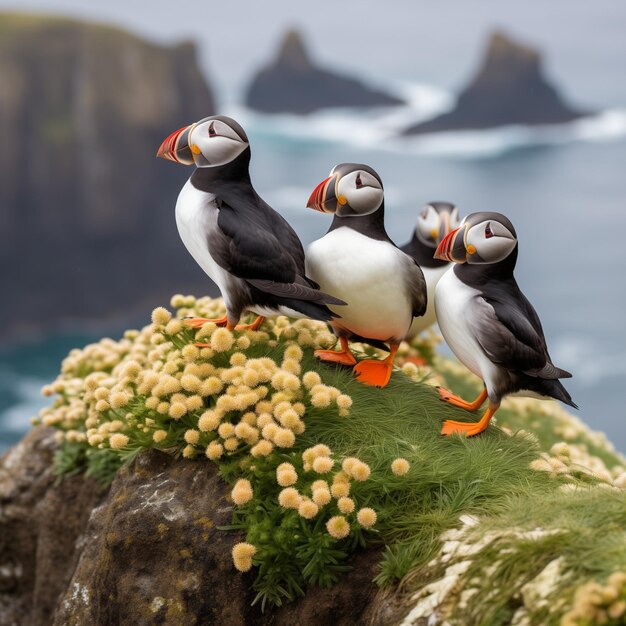 Photo a group of puffins