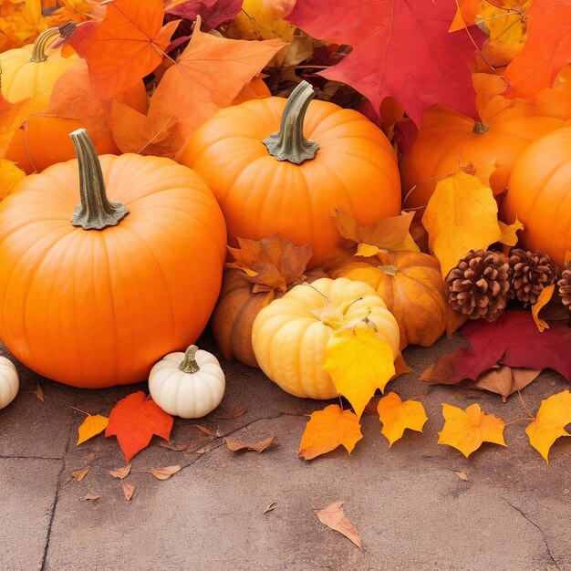 a group of pumpkins are on a sidewalk with fall leaves