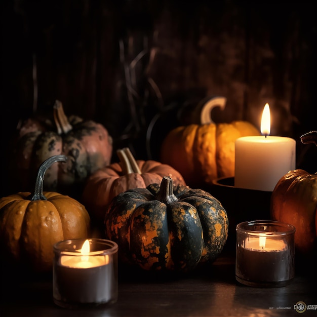 A group of pumpkins are on a table with a candle in the background.